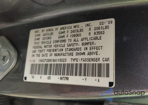 2009 Honda Accord 2.4 Ex-L из США, поврежденный, VIN 1HGCP26819A115023